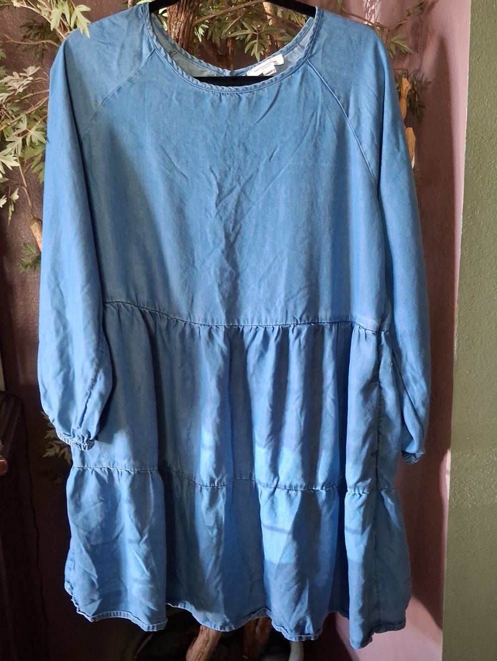 Beach Lunch Lounge Chambray Tiered Long-Sleeve Short Dress With Pockets